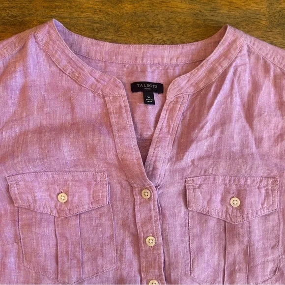Talbots Women’s Petite Linen Henley Tops White & Lavender 2-Pack - Picture 3 of 7